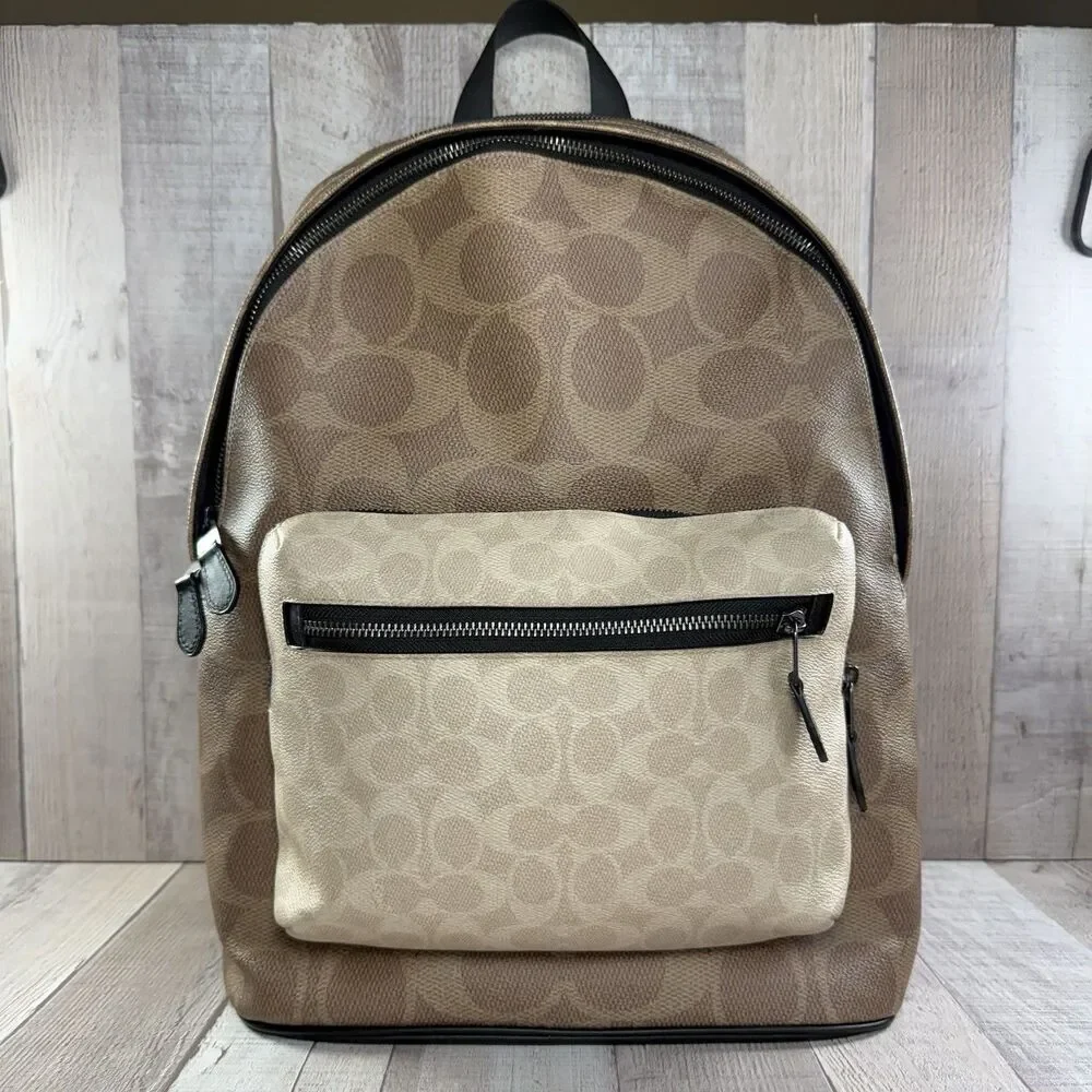 Coach West Backpack In Signature Canvas Men's Calf Leather Sand Tan Beige CAB59